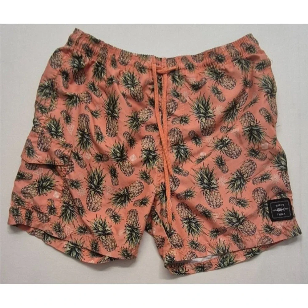 Spicy Tuna Men's Swim Trunks Small pink/green‎ pineapple design drawstring swim